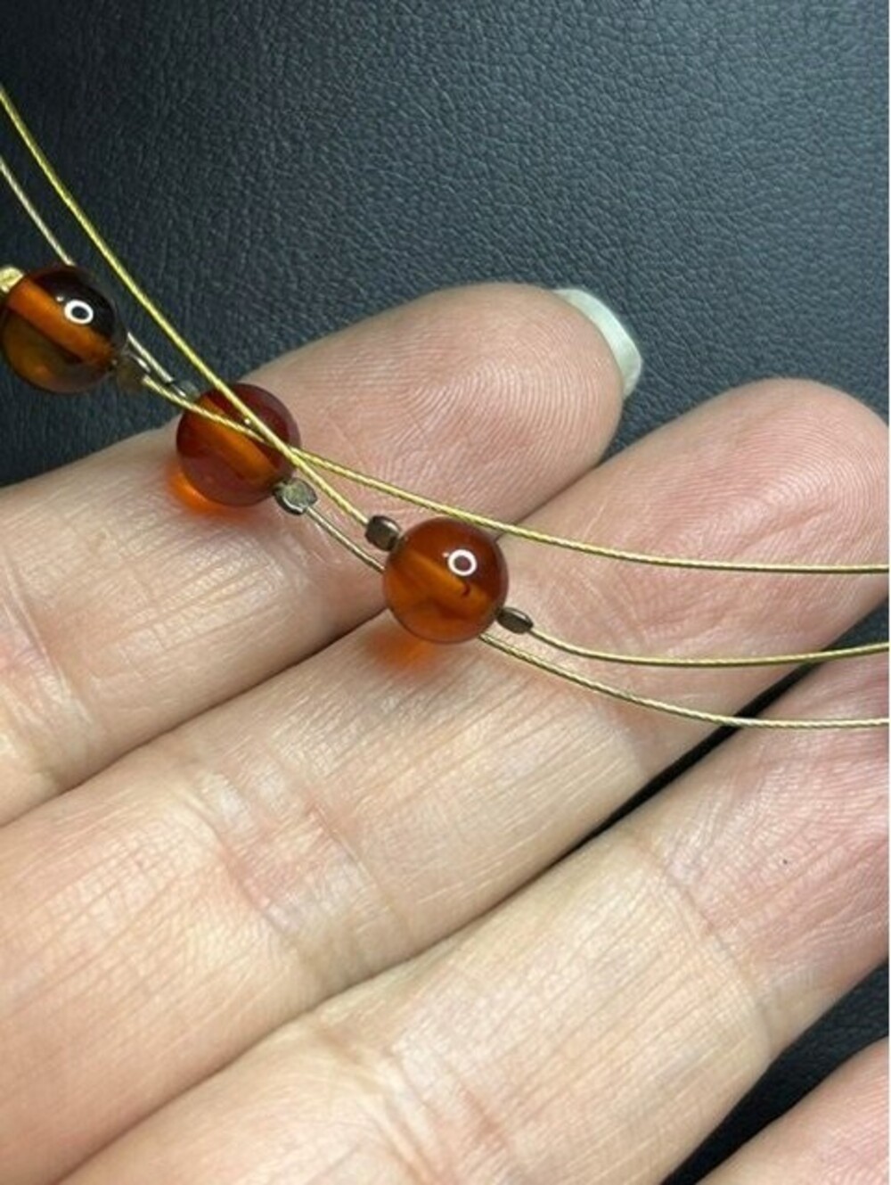 B5933 3-Strand Floating Amber Necklace Gold Tone Wire Sterling silver clasp 18" - Picture 2 of 3